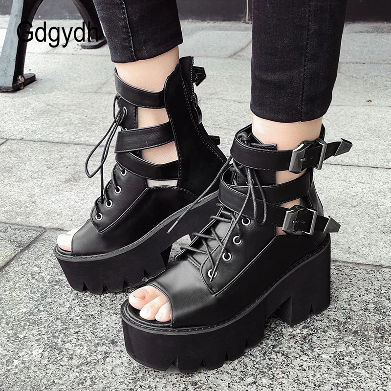 Gdgydh Open Toe Summer Boots Shoes Women Platform Shoes Ankle Buckle Strap Black Leather Female Footwear Chunky Heels Gothic