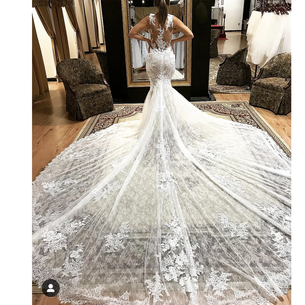 Vestidos de novia sirena 2019 Aplique de encaje sin espalda cuello en v vestidos para boda árabe