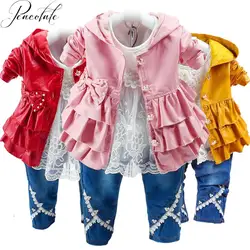 6m-3Years Lente Herfst Baby Meisjes Kleding Set 3 Stuks Lange Mouw Wit Katoenen T-shirt Pu Leather Hoodie Jas En denim Jeans