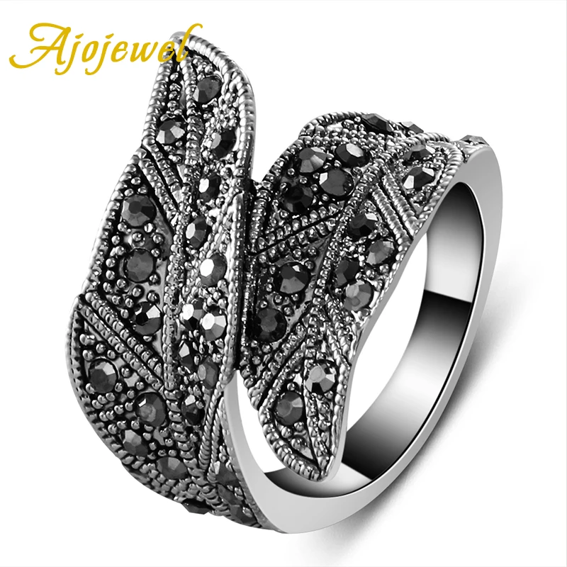 Ajojewel Fashion Vintage Black CZ Leaf Wide Ring Band Jewelry Women Female Rings Size 7-9