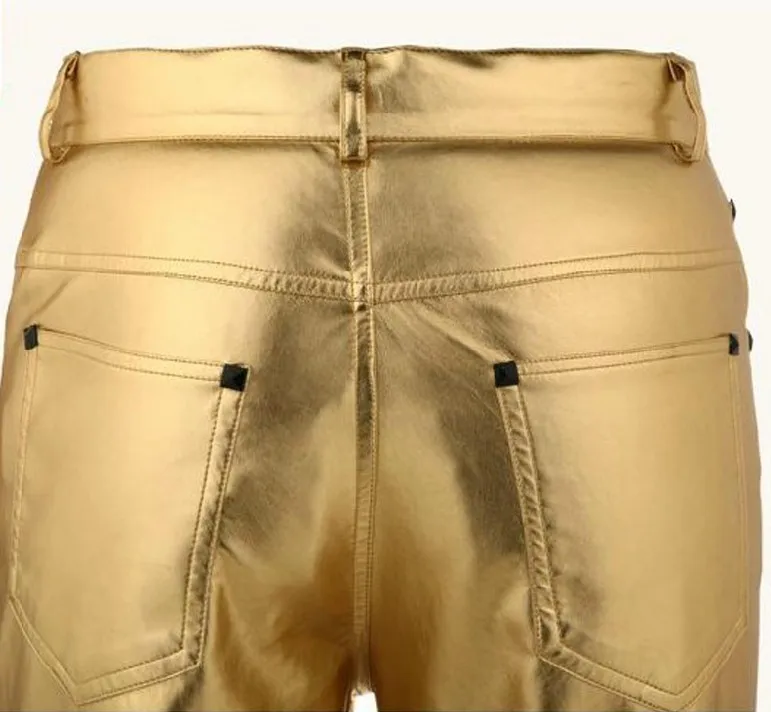 Hot ! Men Fashion Clothes Stage Singer Tight Costume Gold Silver Trousers Punk Leather Pants . Free Shipping / 28-34