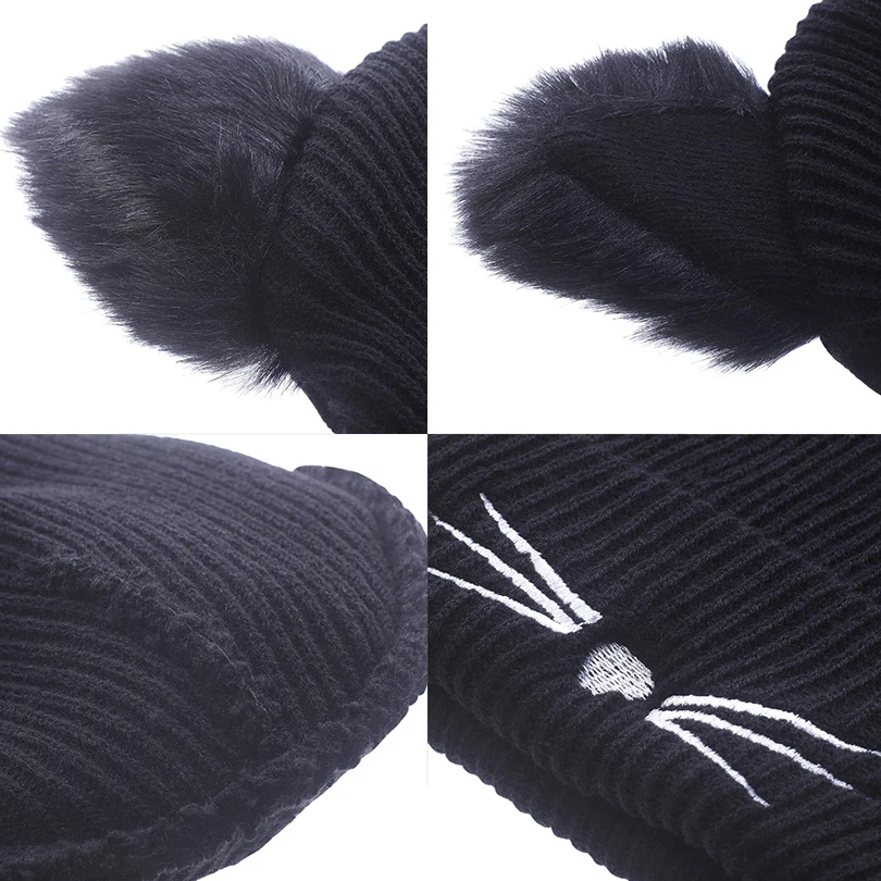 Winter Warm Hats for Women\'s Cat Ears Skullies Hat Black Hats Hot Drilling 2024 New Beanies Girls Rhinestone Outdoor Cap Head