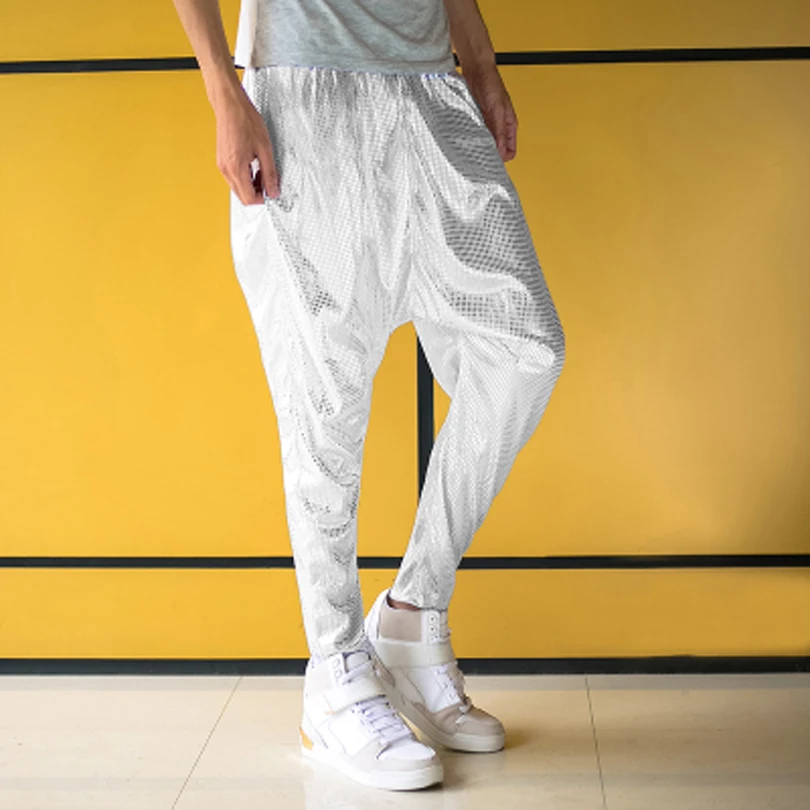 Shiny Mens Baggy Harem Pants Fashion Nightclub Stage Jazz Dance Costumes Singer Drop Crotch Pants Men Joggers Hip Hop Trousers