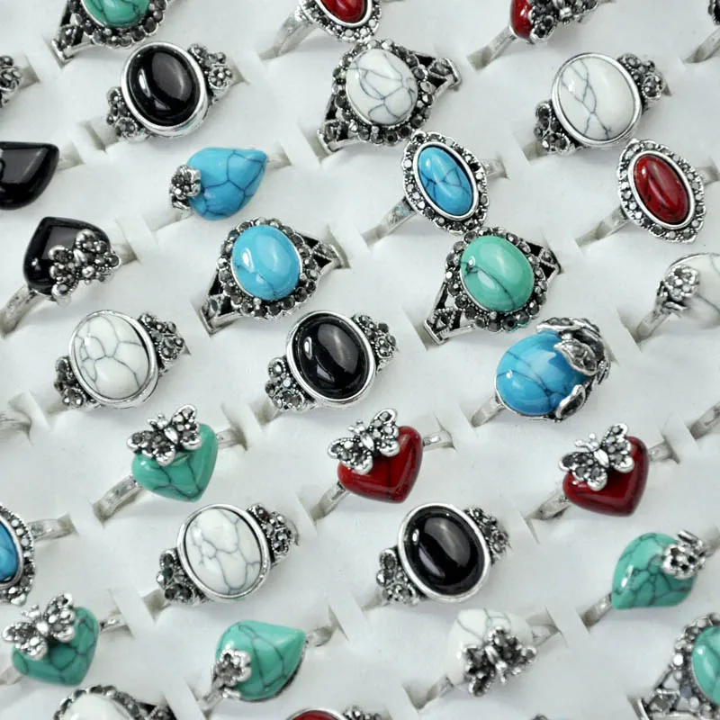 100Pcs Vintage Turquoises Stone Rhinestone Women Ring lot female anel Jewelry Lots Top quality LR4066