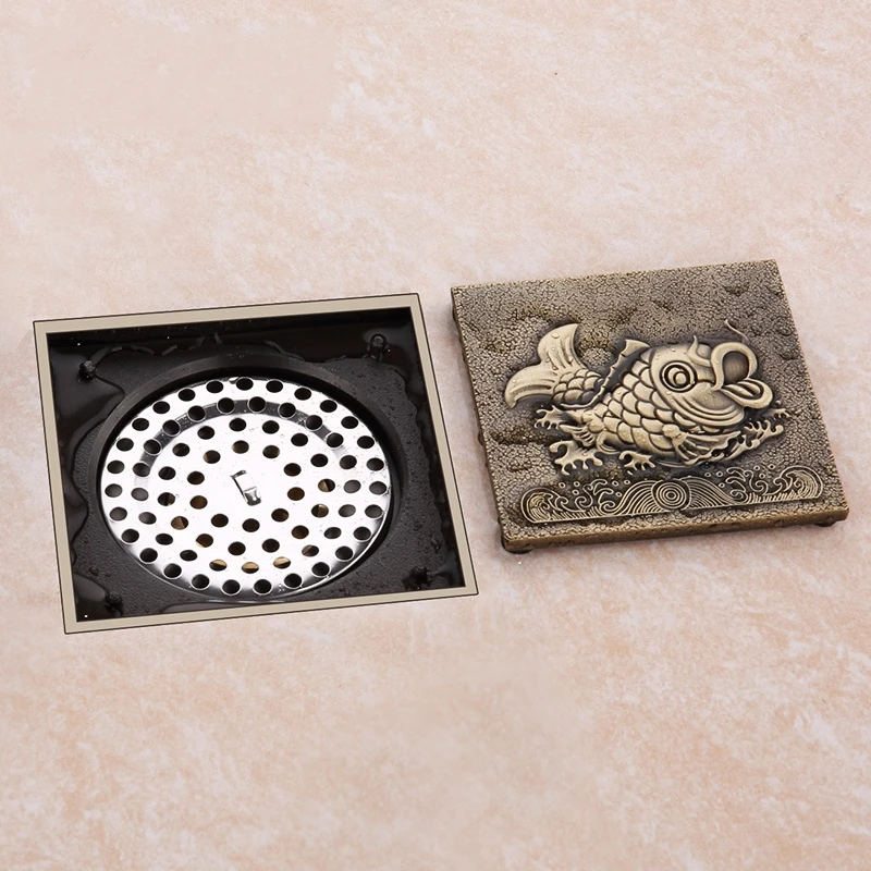 FREE SHIPPING Antique solid brass 100 x 100mm square anti-odor floor drain bathroom invisible shower drain