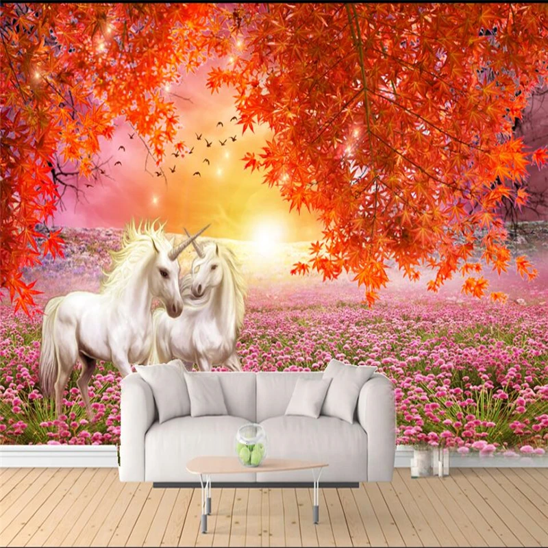 wellyu  Maple leaves red and white horse 3D fresh TV backdrop custom large mural green silk wallpaper papel de parede