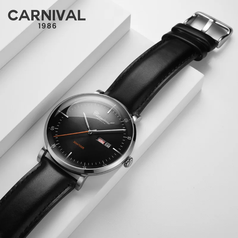 Fashion Ultra thin Royal Watch Automatic CARNIVAL High end Mechanical Watch men Calendar Week Leather Band Sapphire Waterproof