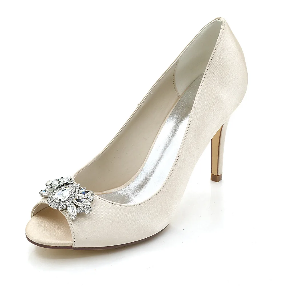 Creativesugar-zapatos de tacón con punta abierta para mujer, calzado de vestir de noche de satén, con broche de cristal de Reina, color dorado, champán, para boda