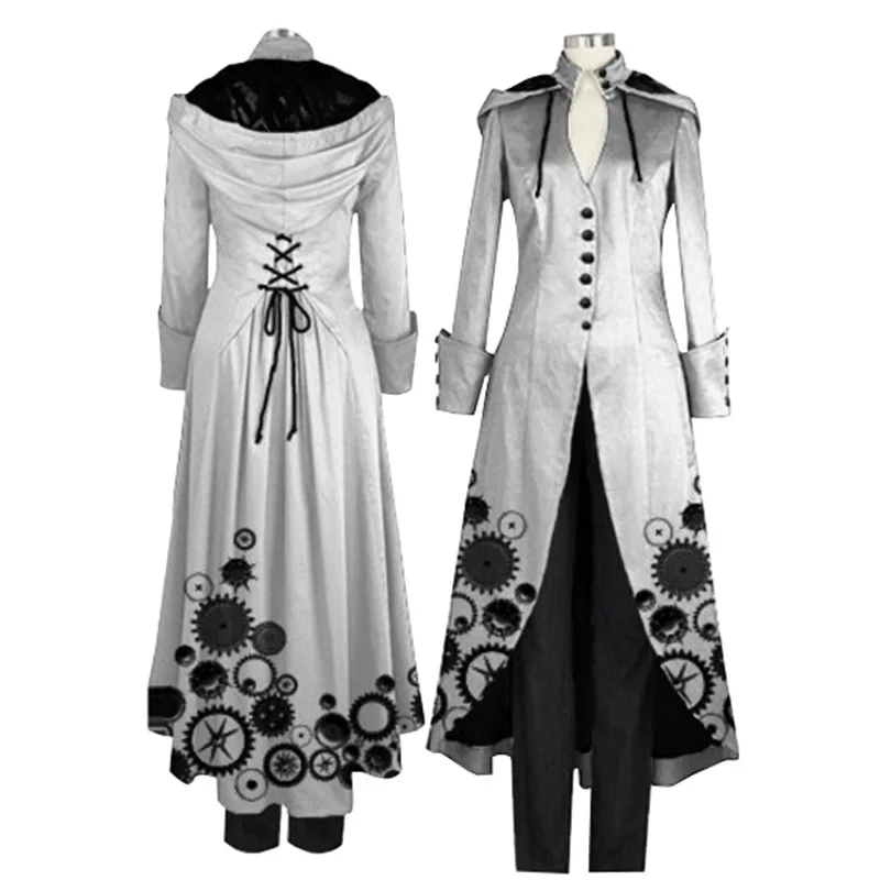 2018 Women's Fashion Winter Black Retro Print Long Parka Coat Fashion Gothic Medieval Cosplay Custom Party Overcoat Outwear Hood