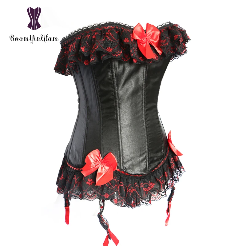 Strapless Women\'s Floral Lace Trimmer Boned Corselet Overbust Corset Bustier Top With Supenders