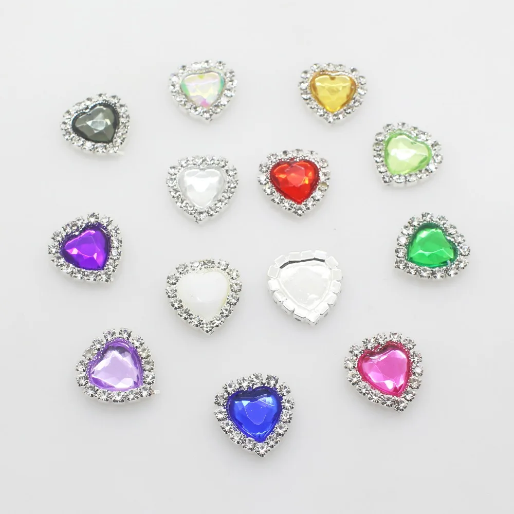 Mini 16mm(4/10 inch) 10pcs Heart Acrylic rhinestone Buttons DIY hair accessory Wedding Initiation Ribbon Decoration