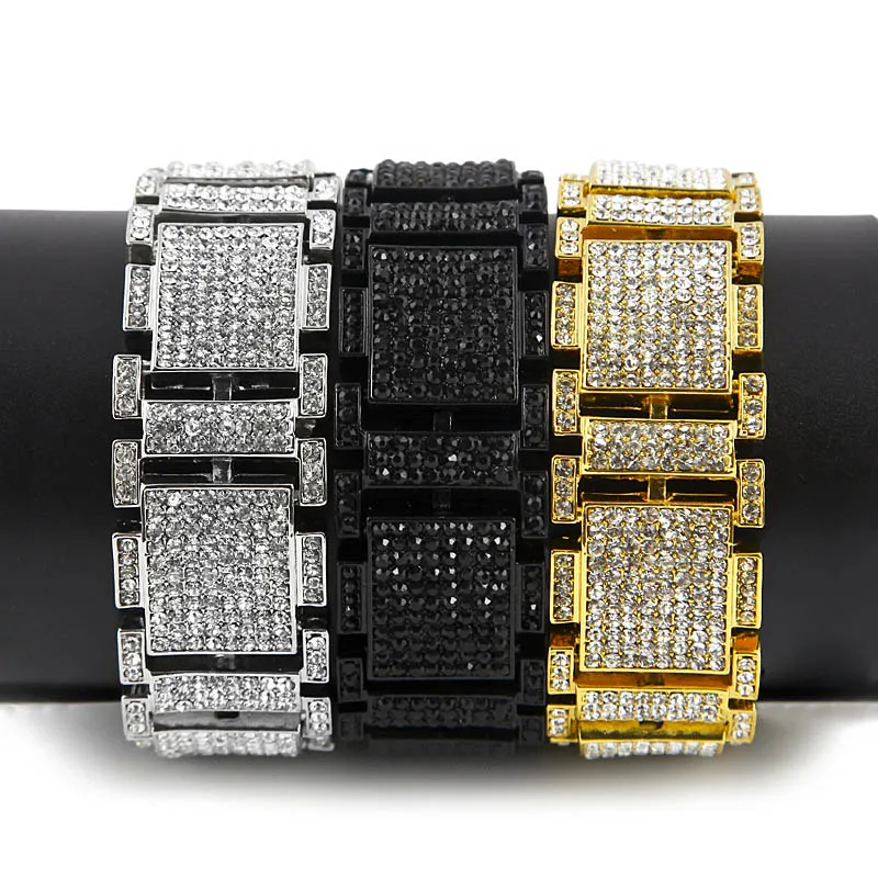 Exaggerated Punk Shiny Full Rhinestone I Bangle Hip Hop Bling CZ Wristbands Chains Link Men Women Gift jewelry