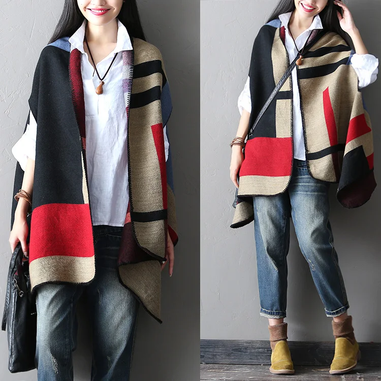 

Geometry patchwork cape female fashion inequilateral casual outerwear - red