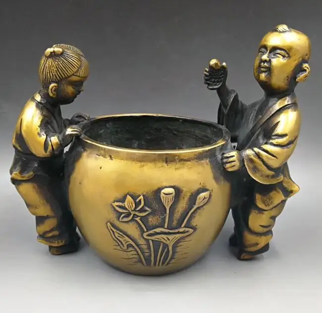 

China collection archaize brass golden boy and jade girl wealth Incense burner