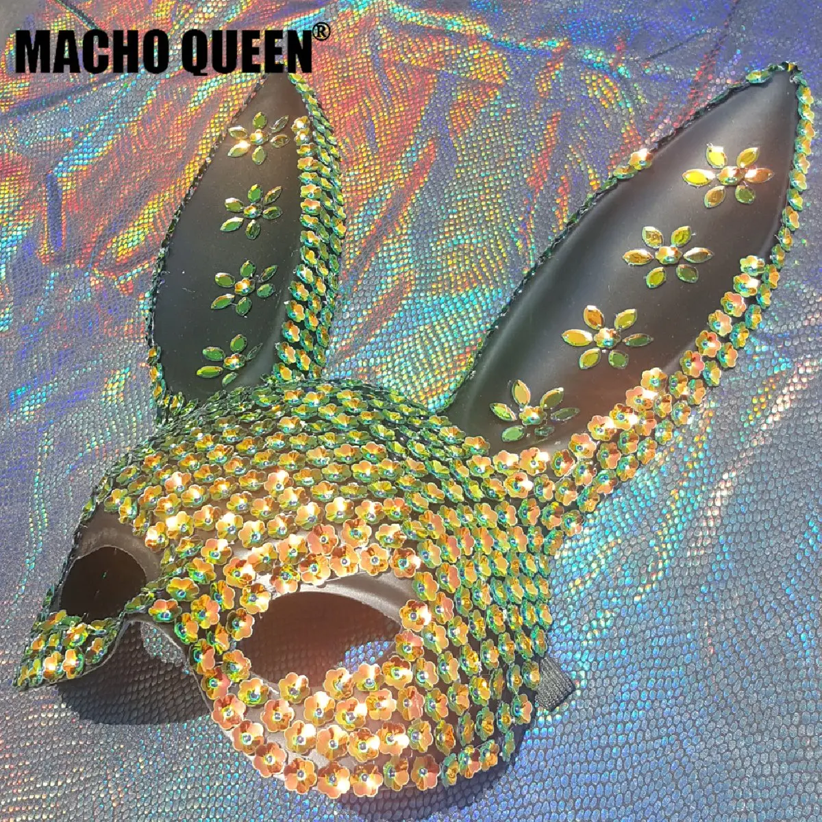 Holographic Burning Man Sequin  Bunny Couture Face Mask Festival Rave Outfits Gear Dancer Costume  Halloween Masquerade