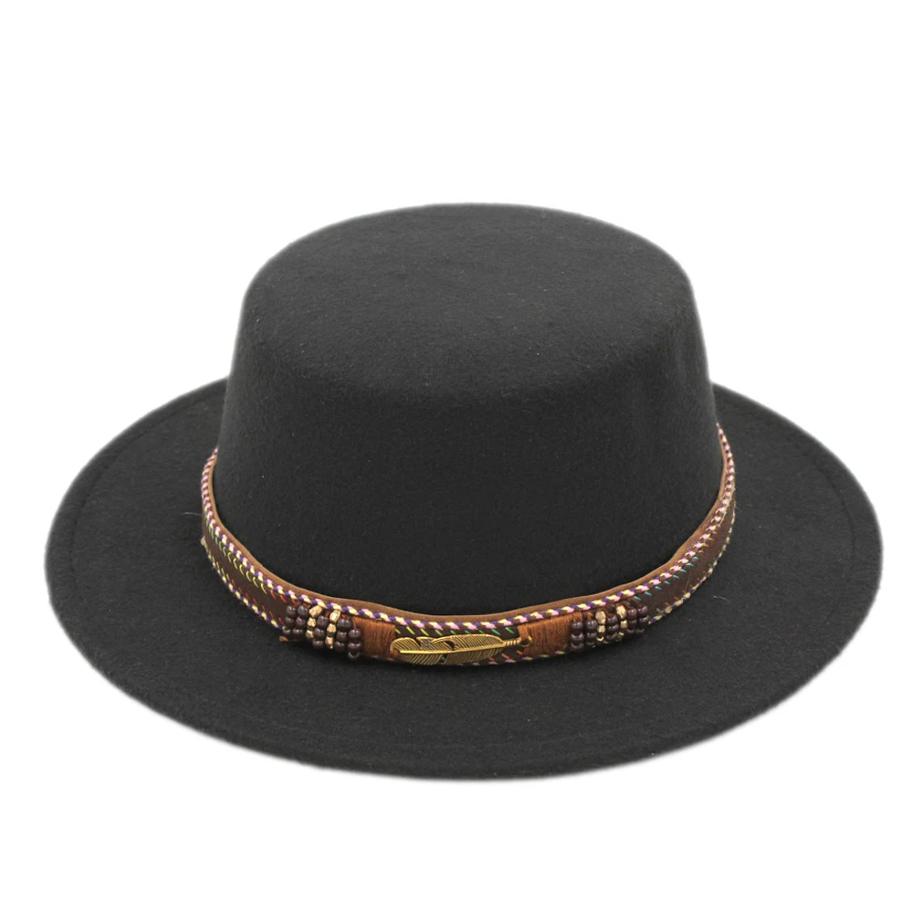 Mistdawn Fashion Unisex Boater Sailor Hat Pork Pie Bowler Church Fedora Cap Flat Brim Brown Leather Band Size 56-58cm