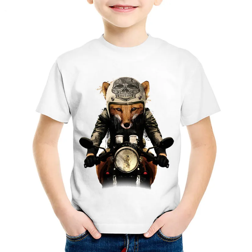 Fashion Print Fox Biker Children Funny T-shirts Kids Retro Skull Head Summer Tees Boys/Girls Casual Tops Baby Clothing,HKP2065