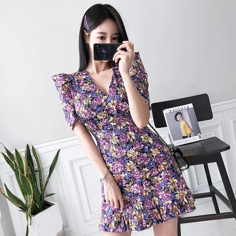 S-XL Plus Kích Thước Mùa Hè Váy Đầm Hoa Nữ Tay Phồng Áo Mini Câu Lạc Bộ Đầm Cho Nữ Hàn Quốc In Hình Hoa Nữ áo Dây