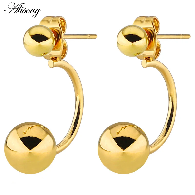 Alisouy 2pcs Fashion Women Double Pearl Balls Earring Studs Gold Color Stainless Steel Round Hook Stud Earrings Jewelry