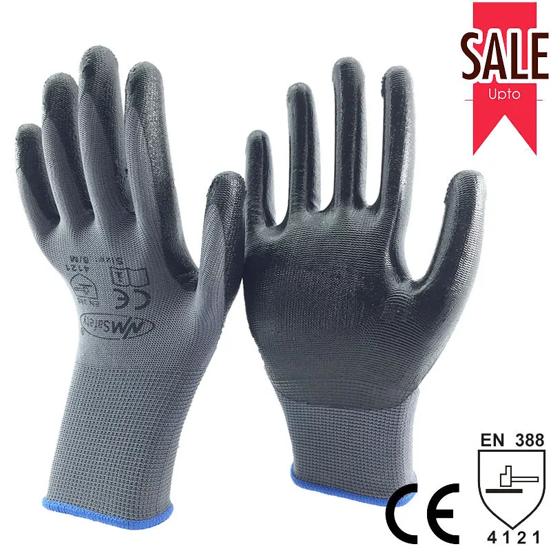 NMSafety 13 Gauge Grey Nylon Black Nitrile Dipping Work Safety Auto Repairs Gloves