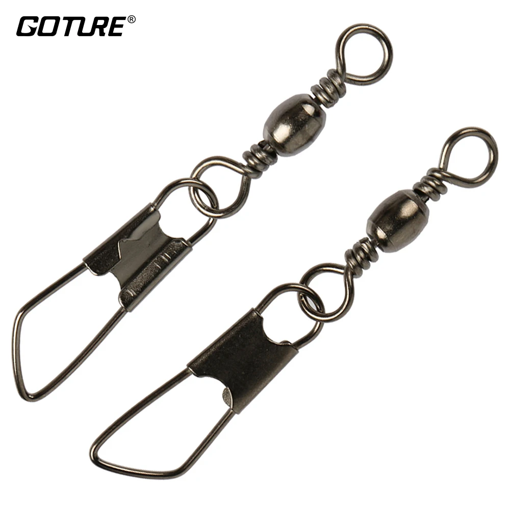 

Goture 200pcs/lot Barrel Fishing Swivel with Safety Snap Size 10, 8, 4 Fishing Connector Hooks Terminal Fishing Tackle Box