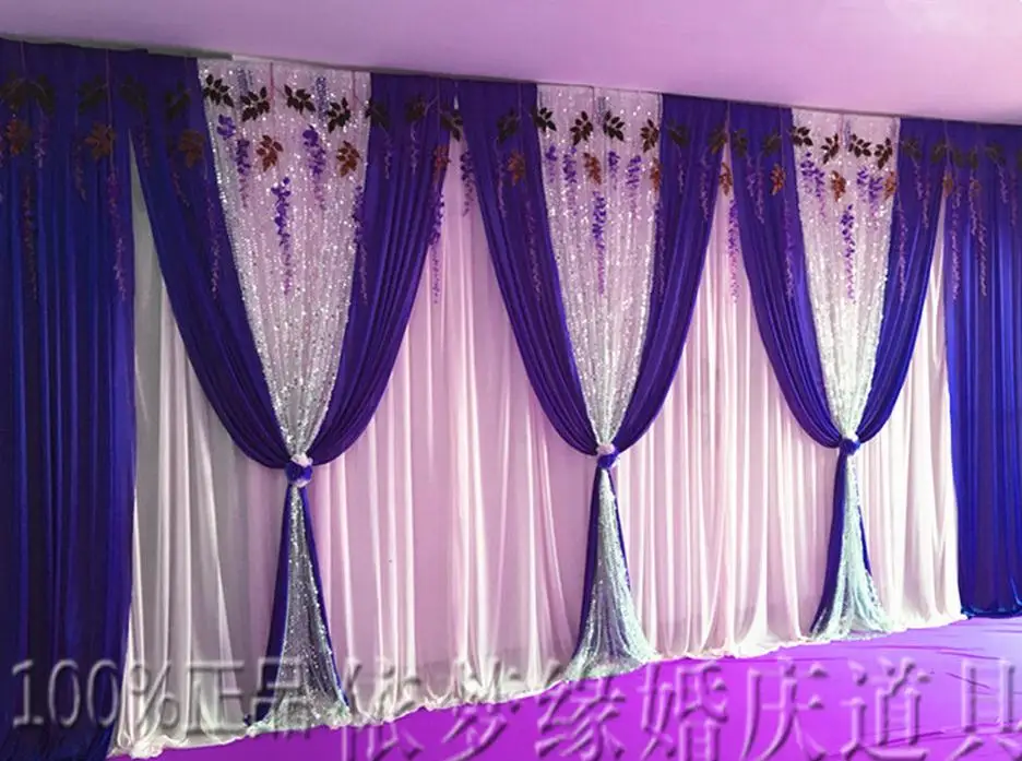 Ice Silk Wedding Backdrop Curtain Wedding Decoration Stage Backdround Pleats Curtain 10ftX20ft(3*6m) Silver Sequins Purple Swag