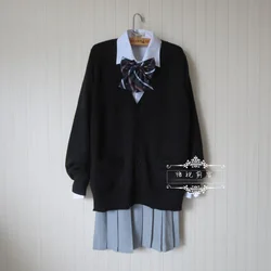 Japanese school uniform suit set Black Cardigan sweater + solid white long sleeve shirt + Dark Gary Pleated skirt