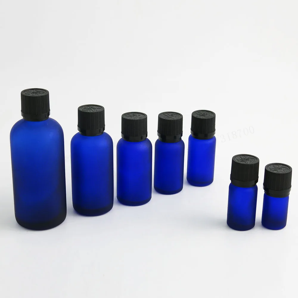 

360 x 5ml 10ml 15ml 20ml 30ml 50ml 100ml Frosted Blue Glass Cosmetic Oils Bottle with Black Cap e Liquid Essential Oil Vial