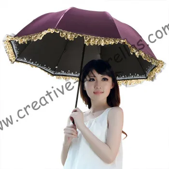 Ladies' summer 100%sunscreen UPF>50+ folding mini umbrella  5 times black  coating anti-UV women pocket lace begonia red parasol