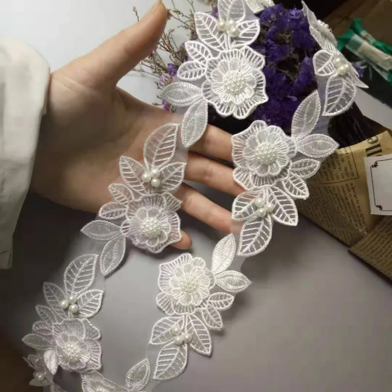 New 10x White Pearl Beaded Flower Leaf Embroidered Lace Trim Ribbon Fabric Handmade Sewing Craft For Costume Hat Decoration Hot