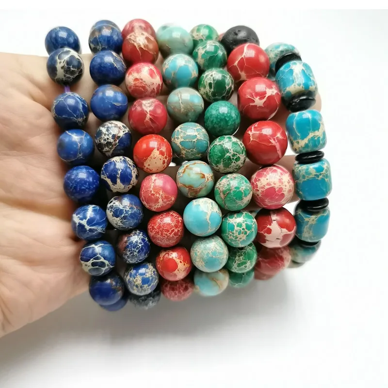 Natural Stone Multiple colors Imperial Jaspers Beads with Lotus OM Buddha Charm Bracelet for Women Men Fashion Jewelry