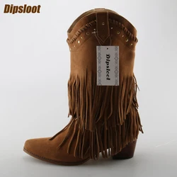 Gorąca Camel Suede skóry kobiet Slip On Fringe buty Pointy Toe w stylu kowbojskim damskie zachodnie buty wysokiej jakości Med obcas nit buty