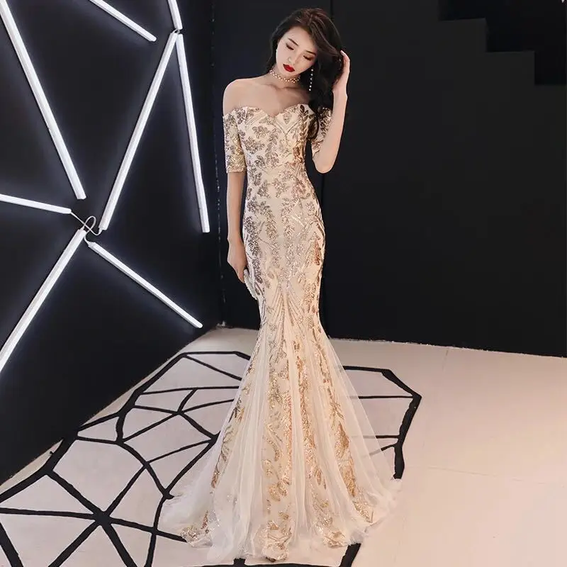 

Summer Sexy Formal Evening Party Dresses Gold Off Shoulder Half Sleeve Floor Length Long Mesh Mermaid Dress 2019 Women Vestidos