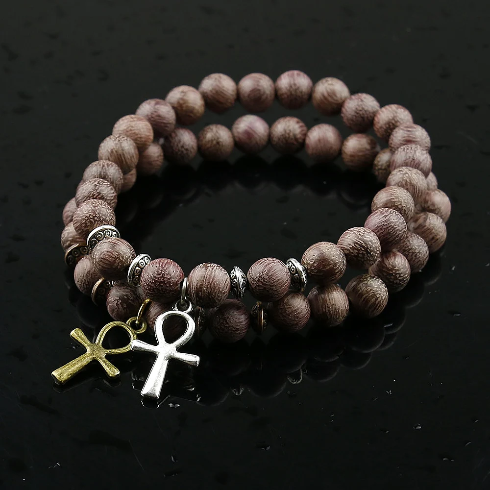 Men Wood Beads Bracelets Natural Violets Wood Egyptian Ankh Cross Bead Bracelet Wooden Women Girls Egypt Hieroglyphs,Crux Ansata