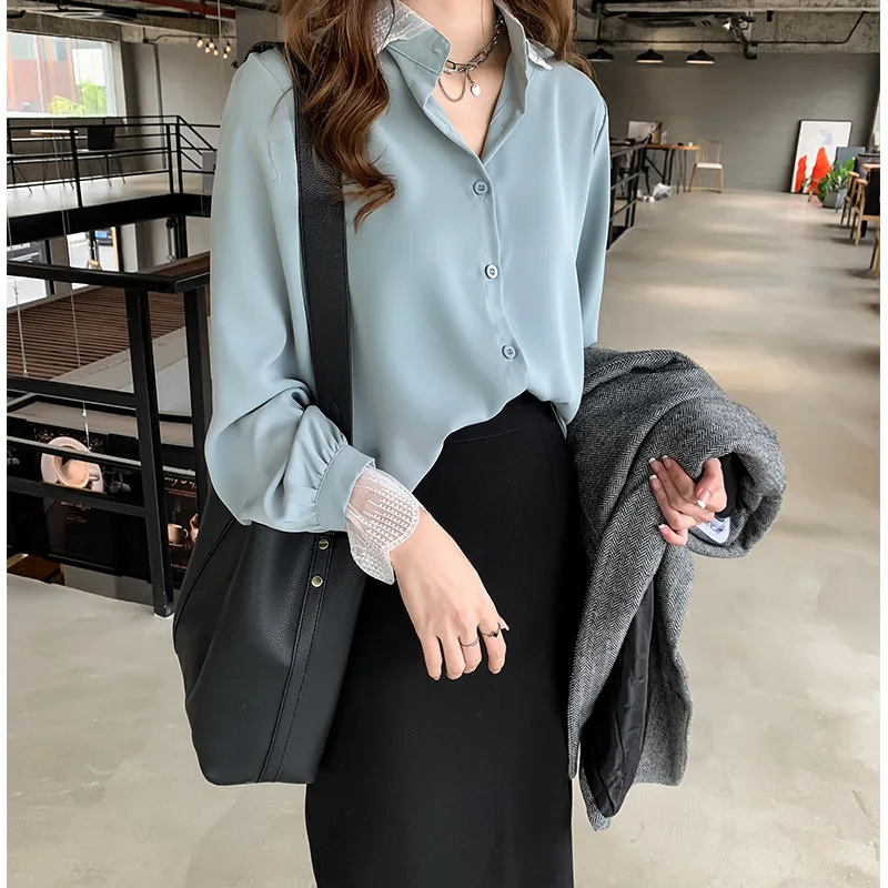 New Women's Chiffon Shirt Top Spring Summer Female Long Sleeved Button Loose Blouses Clothes Office Ladies Casual Shirts H9014