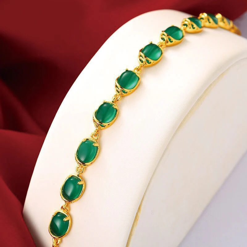 MxGxFam ( 18 cm + 3 cm ) Blood-Red / Green Water Stone Bracelet For Women Original Designs Fashion Jewelry 24 k Pure Gold Color