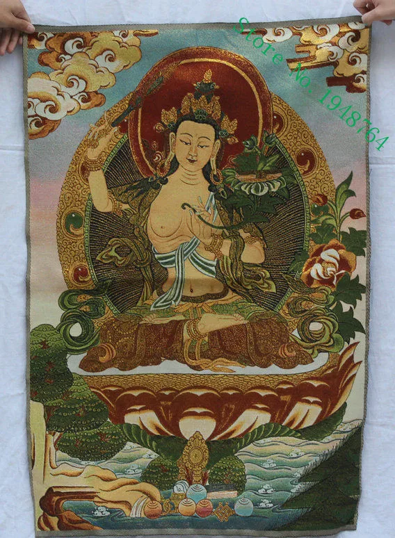 36 inch Old Tibet Buddhism Silk embroidery Wenshu Manjushri Thangka Painting Mural