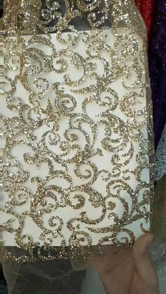 

Sparkle SYJ-7273 Tulle Glitter Lace Fabric in gold color For Wedding Dress Glitter Net Lace Fabric