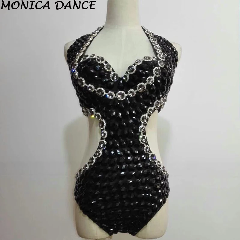 Body brillante para escenario, trajes de cristales de una pieza, traje negro con diamantes de imitación, atuendo femenino para actuaciones de cantante y bailarina