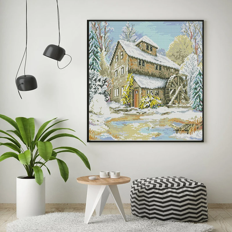 Joy Sunday Waterwheel Cabin Embroidery Kit Stamped Cross Stitch Kits Aida Cloth Needlework 14ct 11ct Crossstitch Thread Needles