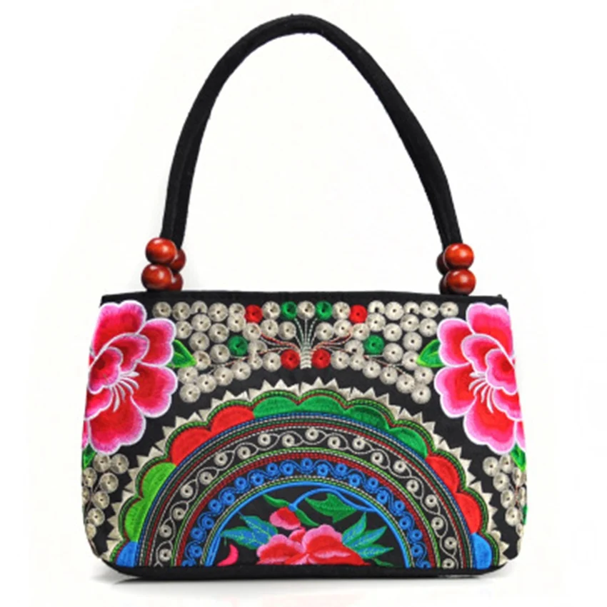 Chinese national wind embroidered bag double two-way zipper wooden beads shoulder embroidery double bag embroidered handbag