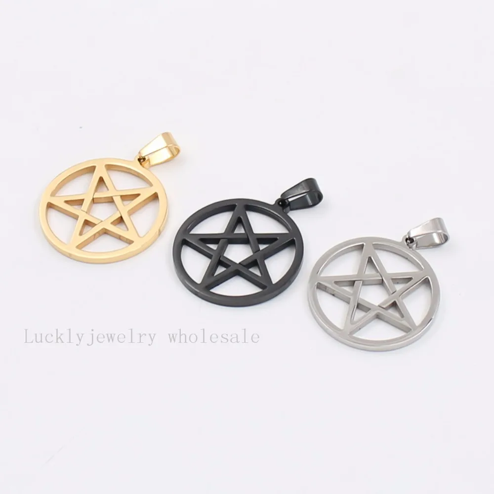 24\'\' Punk Trendy 3mm Square Rolo Chain Stainless Steel 30mm Wicca Inverted Pentagram religion Pendant necklace