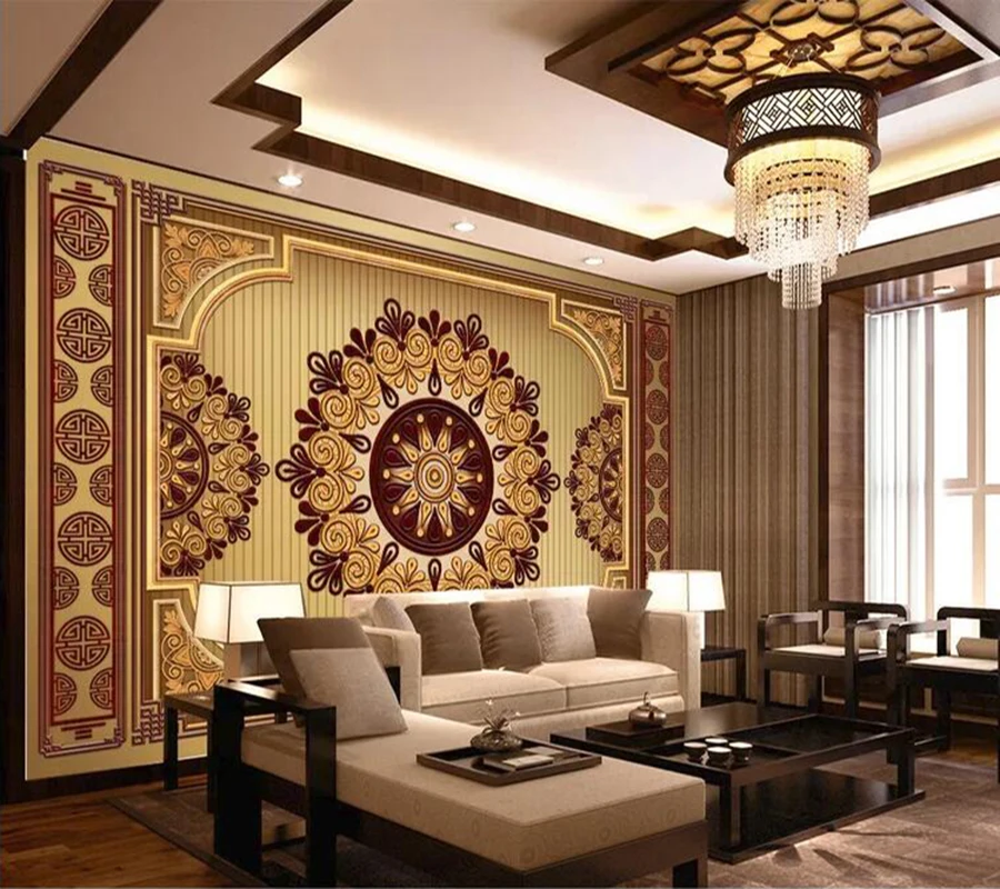 

Decorative wallpaper Embossed vintage floral woodcarving style sofa TV background wall