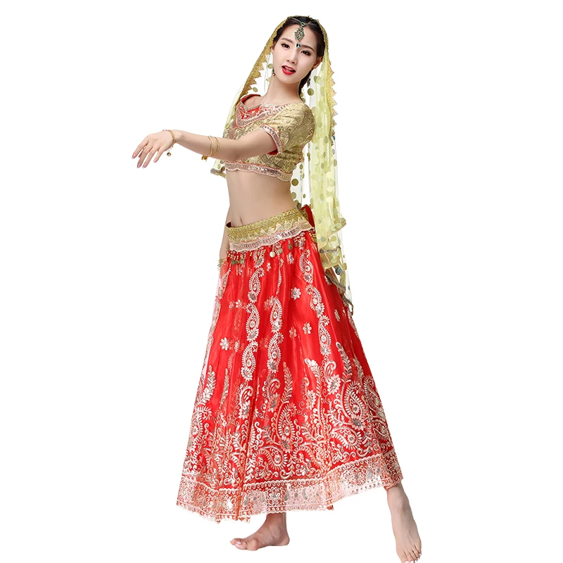 Halloween Christmas Women Belly Dance Outfits Indian Dance Hand-embroidered Bollywood Costume 4pcs Set (Top+Belt+Skirt+Sari)