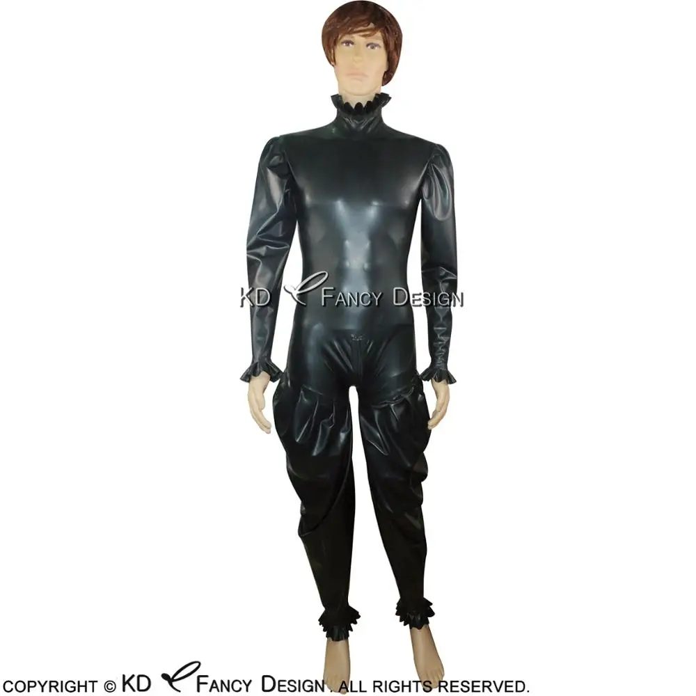 Black Sexy Loosely Latex Catsuit With Ruffles Back to Crotch Zipper Rubber Body Suit Bodysuit Zentai Overall LTY-0035