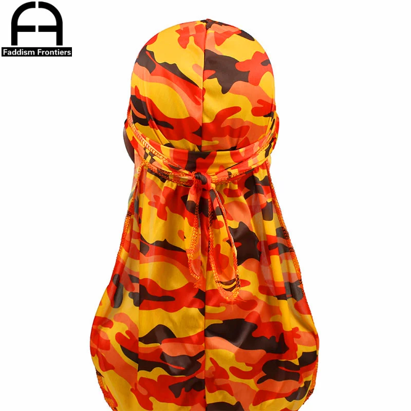 Moda Camo męska jedwabista Durags Turban drukuj mężczyźni jedwabne Durag nakrycia głowy bandany z pałąkiem na głowę akcesoria do włosów kapelusz piracki fale szmaty