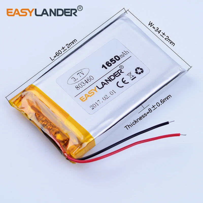803460 충전식 리튬 이온 폴리머 배터리, 3.7V, 1650mAh