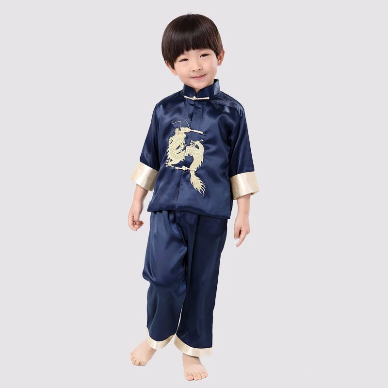 

Lovely Kids Long Sleeve Embroider Dragon Suit Chinese Style Boys Kung Fu Sets Jacket+Pants Dramaturgic Costume YZT082505