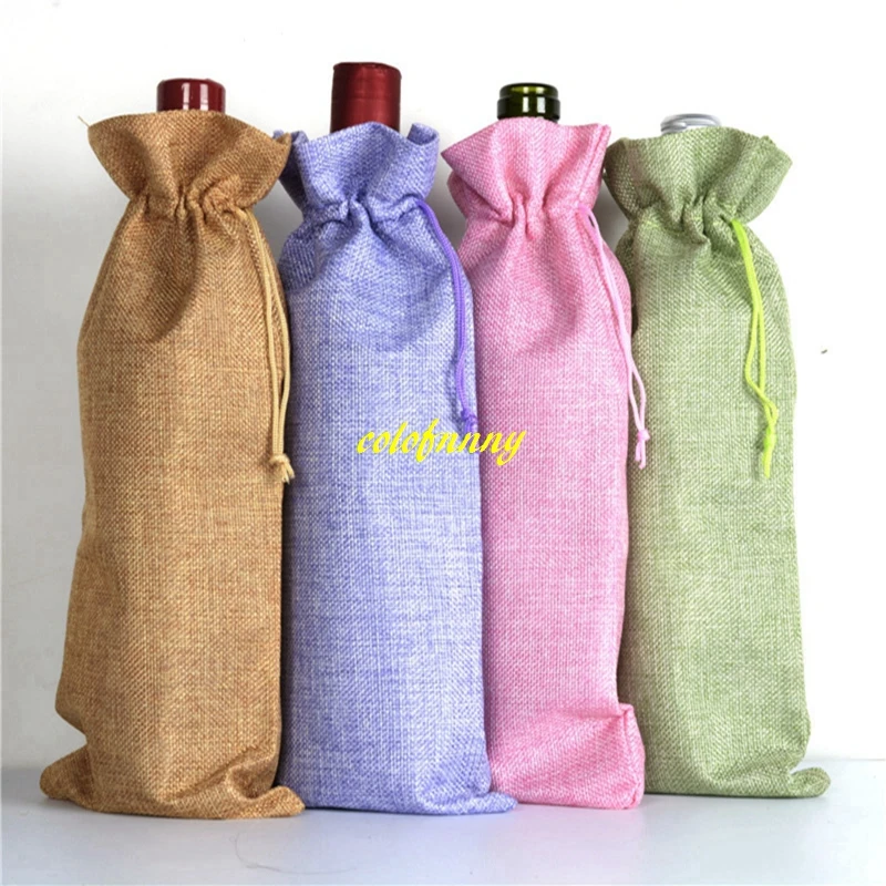 300pcs/lot 15cmx35cm Colorful Jute Burlap Wine Bottle Bags Bottle Covers Linen Gift package bag