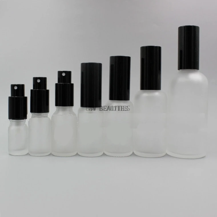 5/10/15/20/30/50/100ml Empty Round Frosted Glass Spray Bottle,1oz Refillable Cosmetic Glass Bottle With Silver Black Spray Pump